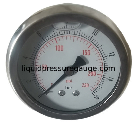 2-1/2 inch liuqid fillled Pressure Gauge, glycerine, silicone oil, stainless steel, 0-230psi/bar, 1/4 BSP back mount,