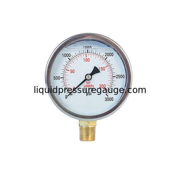 4 inch Liquid filled Pressure Gauge,0-3000 psi/bar/kpa ,lower mount, 1/2 NPT, stainless steel case and brass internal